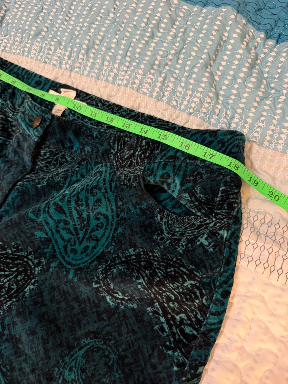 Chico's Deep Teal Velvet Paisley Pants Sz 2 (12R) - Picture 9 of 12